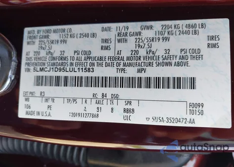 2020 Lincoln Corsair Standard z USA, uszkodzony, nr VIN 5LMCJ1D95LUL11583